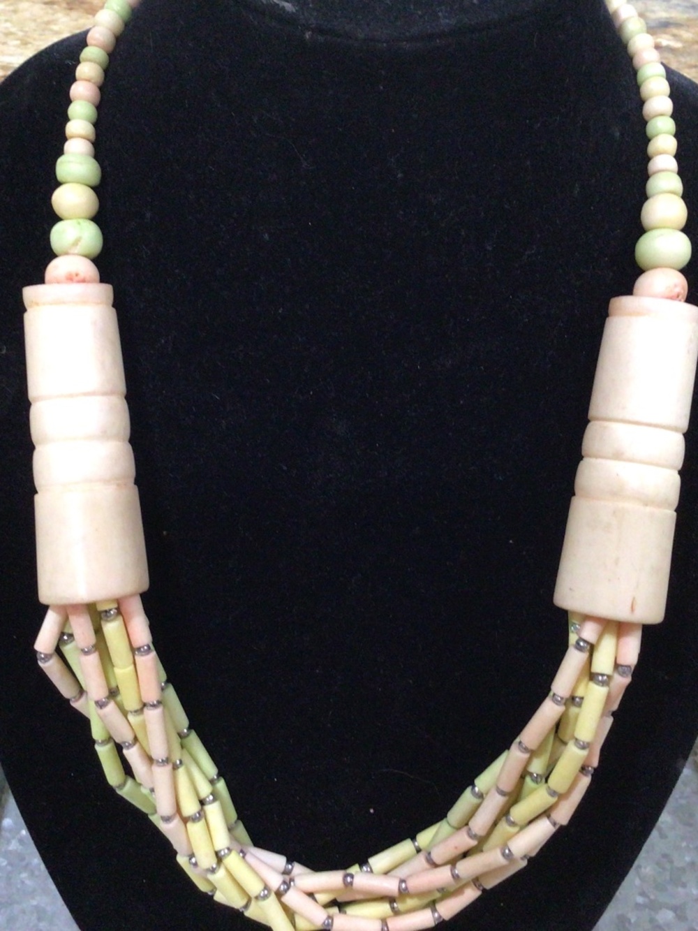 Cylindrical tube beaded necklace. Southwestern/artesian multistrand.
